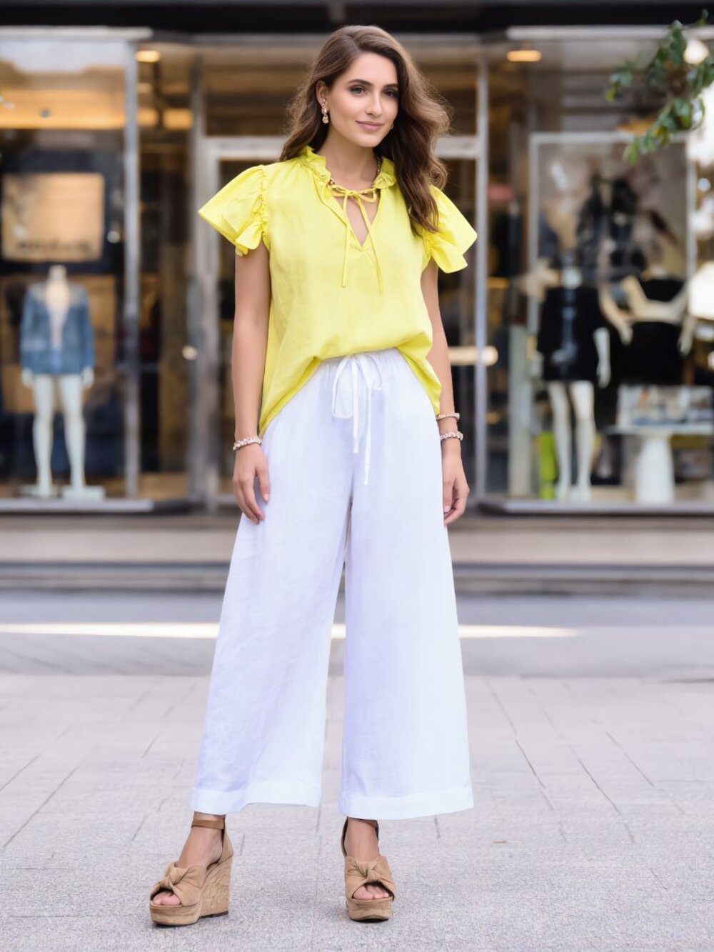 Sofia (US M) Made In Italy Yellow Ruffle Tiered Blouse Cotton Stretch V-Neck